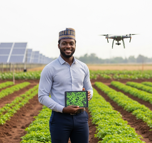 Young Nigerian farmer using drone technology for agriculture